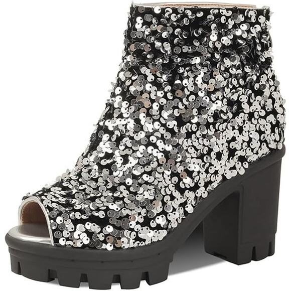 Silver Sequin Peep Toe Fairy Grunge Whimsigoth Sparkle Platform Lug Sole Boots 8 - Picture 1 of 7